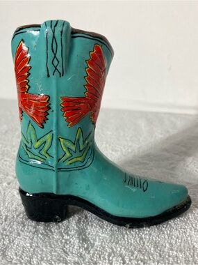 Vintage Southwestern Cowboy Boot Candle Hand Painted Turquoise & Red Bird